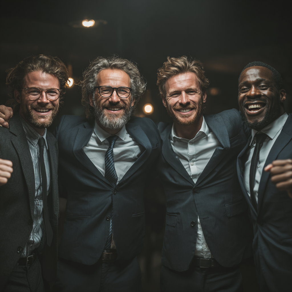 Group of confident successful men celebrating achievement and personal growth together