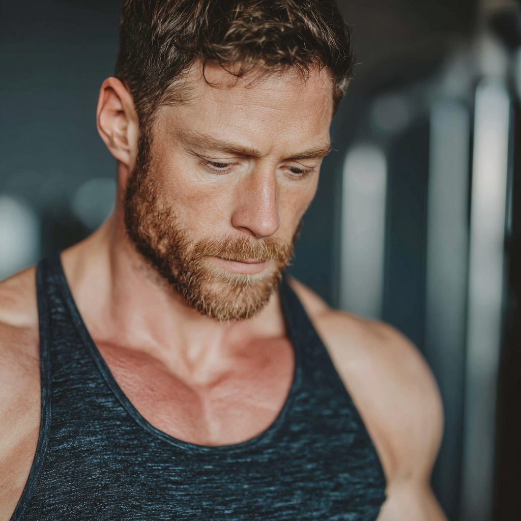 Strong confident man working out in modern gym with determination and focus